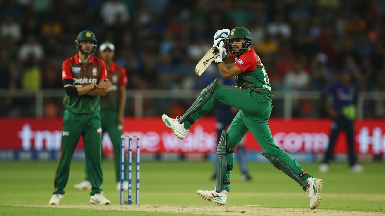 Tight sideline action frame of a left-arm seam bowler in mid-delivery stride with the ball leaving the hand, the kind of frame the Mustafizur Rahman IPL removal and the subsequent BCB-BCCI standoff has been reported around