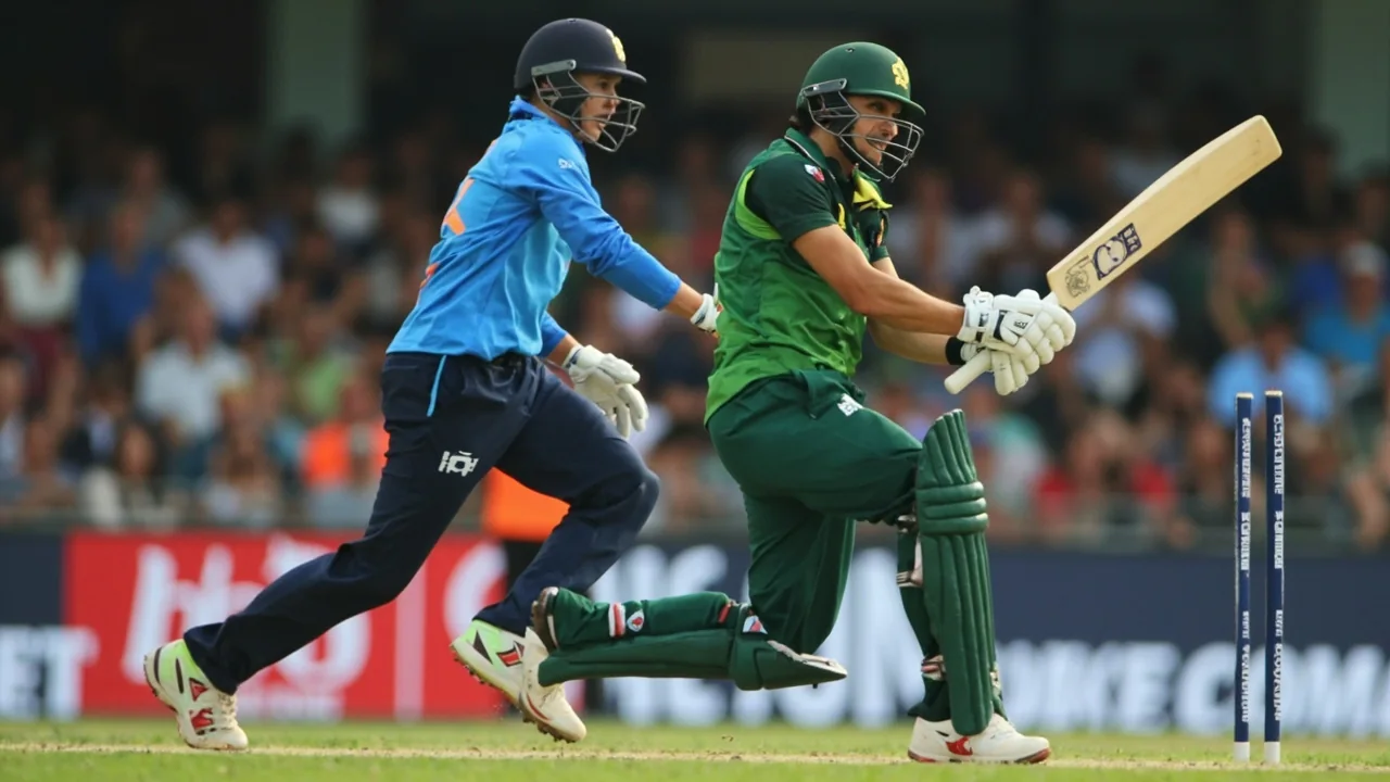 Tight sideline frame of a women's T20 batter in mid-stroke at a floodlit English ground, the kind of captaincy-led batting role the preview framed around Smriti Mandhana's tournament-leading run and Harmanpreet Kaur's middle-order control for India Women